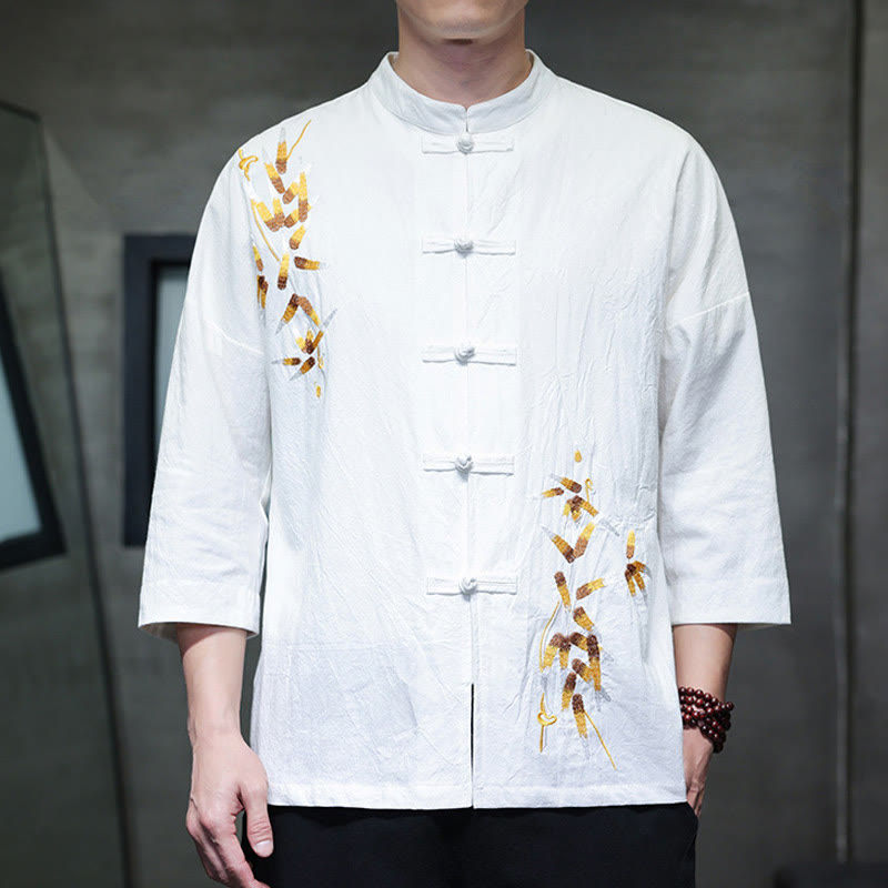 Embroidery Men's Chinese Frog-Button Three Quarter Sleeve Shirt Clothing