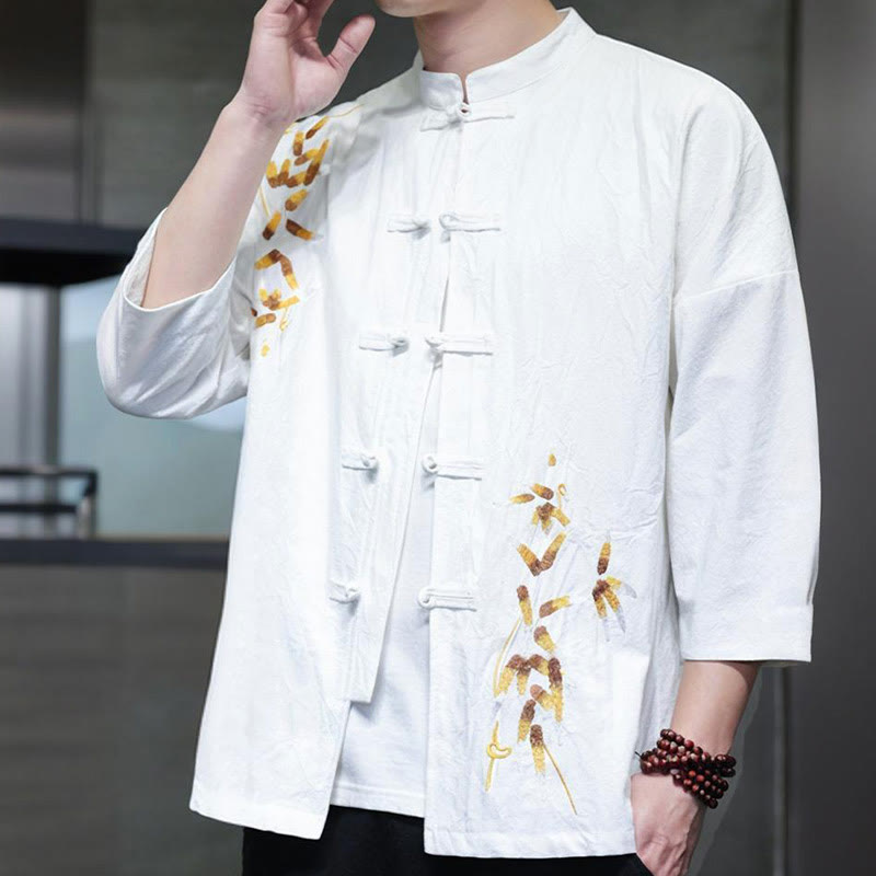 Embroidery Men's Chinese Frog-Button Three Quarter Sleeve Shirt Clothing
