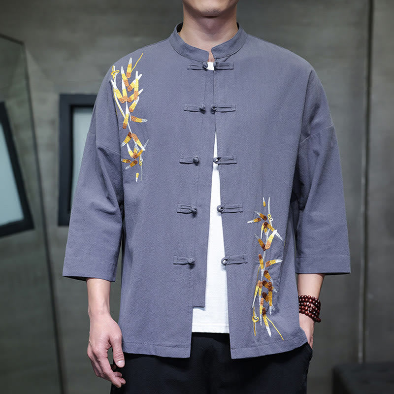 Embroidery Men's Chinese Frog-Button Three Quarter Sleeve Shirt Clothing