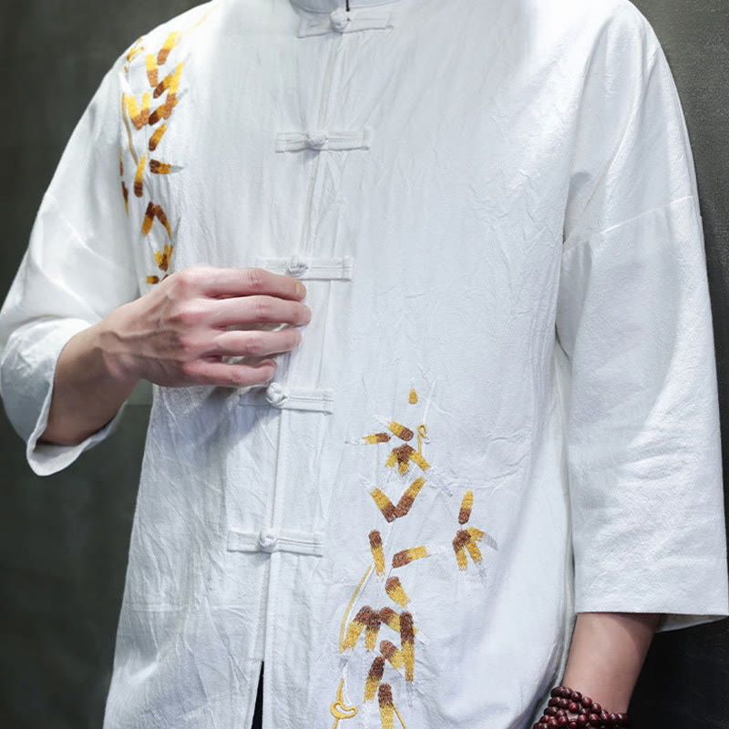 Embroidery Men's Chinese Frog-Button Three Quarter Sleeve Shirt Clothing