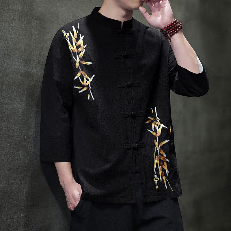 Embroidery Men's Chinese Frog-Button Three Quarter Sleeve Shirt Clothing