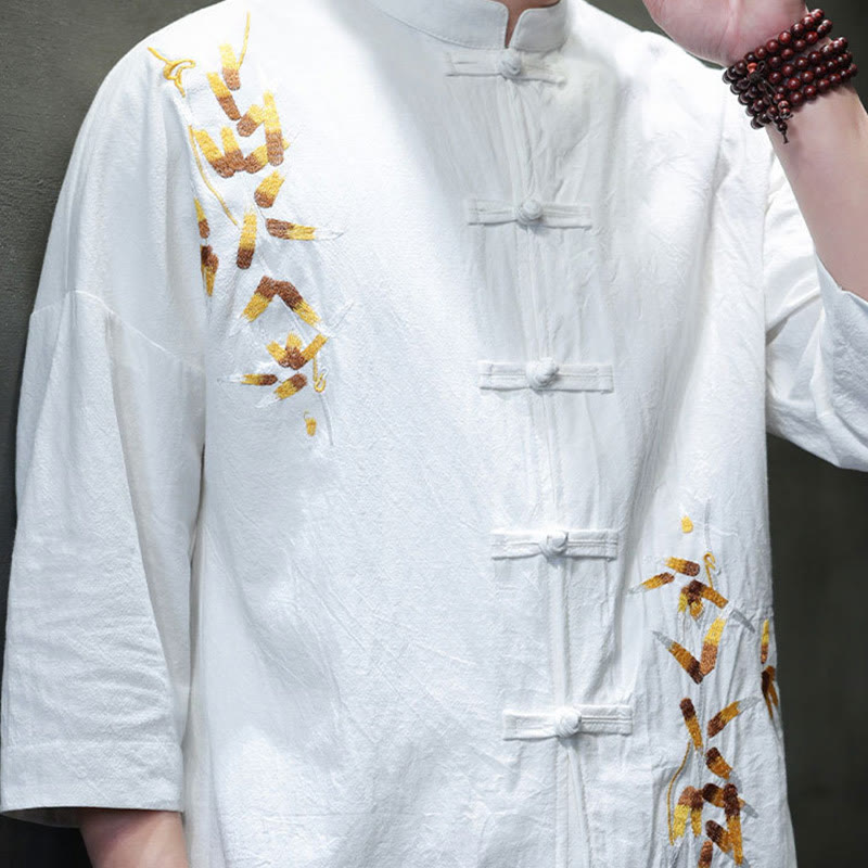 Embroidery Men's Chinese Frog-Button Three Quarter Sleeve Shirt Clothing