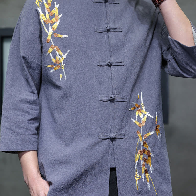 Embroidery Men's Chinese Frog-Button Three Quarter Sleeve Shirt Clothing