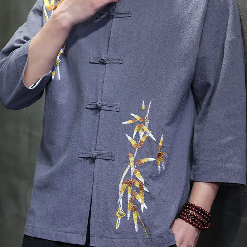 Embroidery Men's Chinese Frog-Button Three Quarter Sleeve Shirt Clothing
