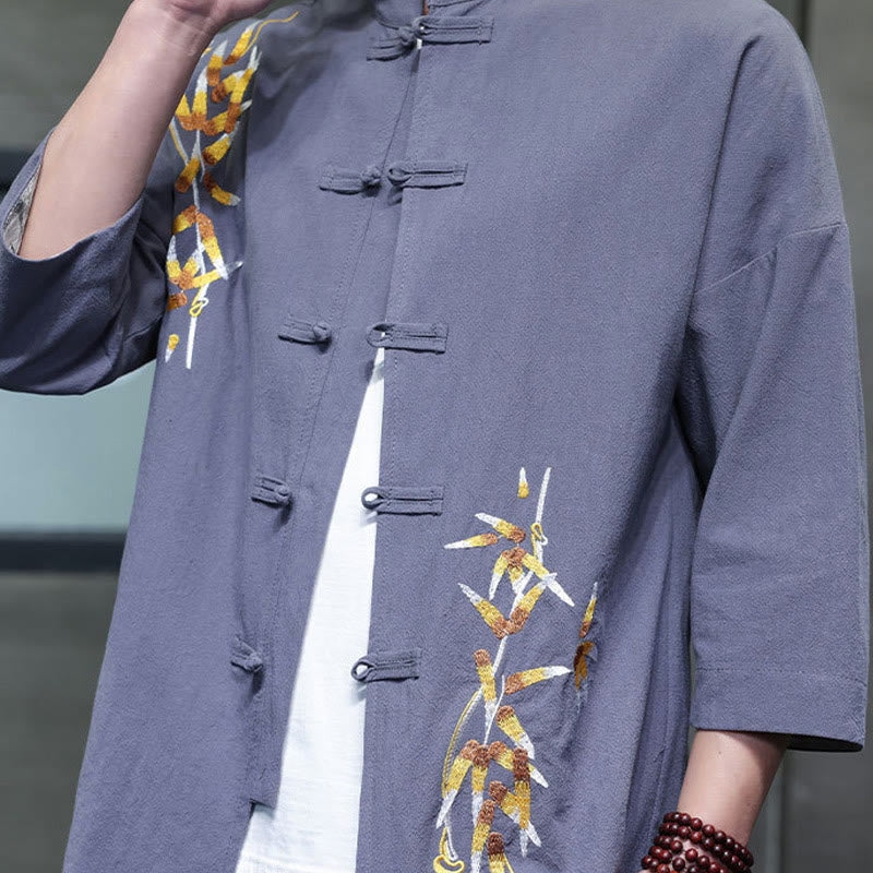 Embroidery Men's Chinese Frog-Button Three Quarter Sleeve Shirt Clothing