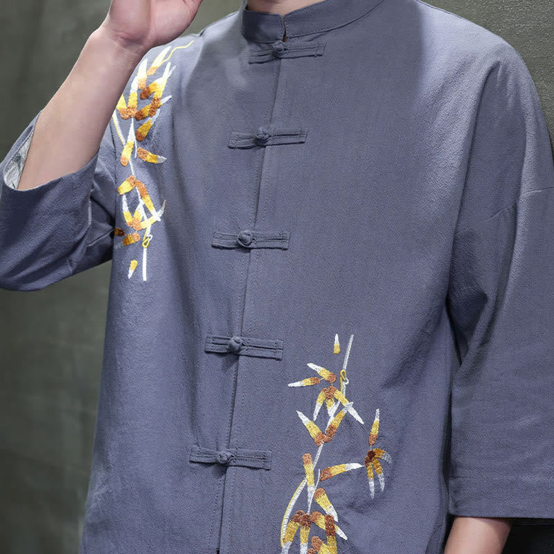 Embroidery Men's Chinese Frog-Button Three Quarter Sleeve Shirt Clothing