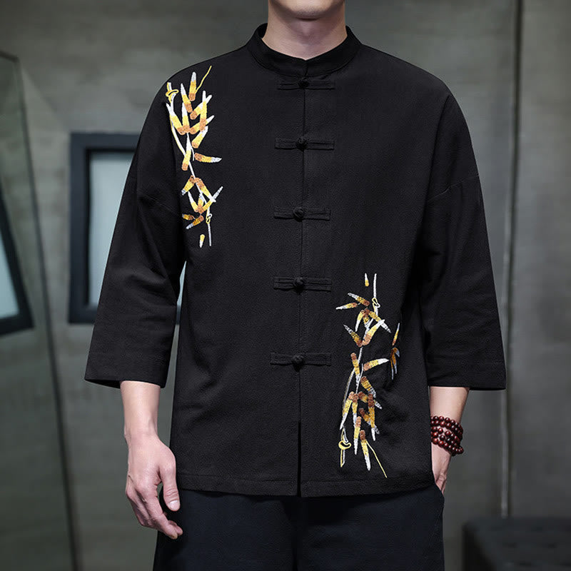 Embroidery Men's Chinese Frog-Button Three Quarter Sleeve Shirt Clothing