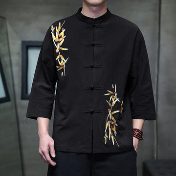 Embroidery Men's Chinese Frog-Button Three Quarter Sleeve Shirt Clothing