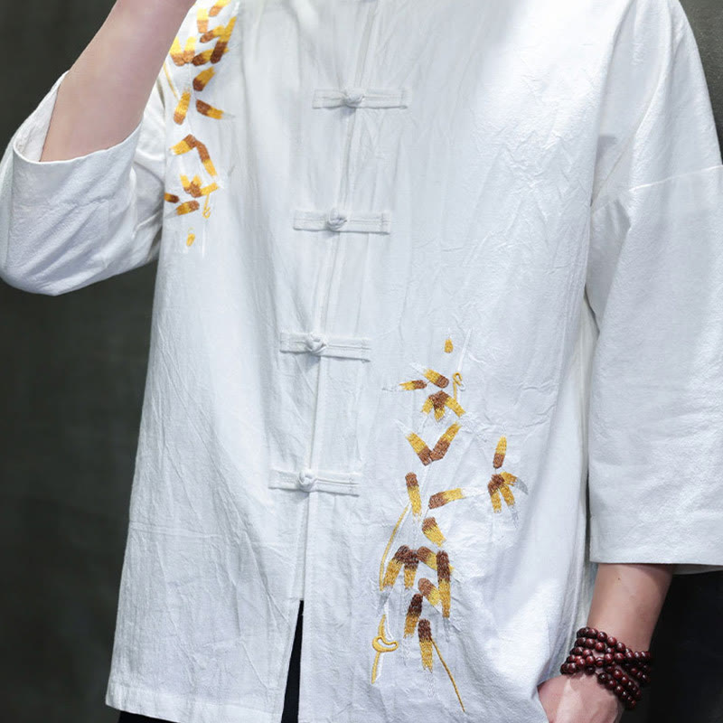 Embroidery Men's Chinese Frog-Button Three Quarter Sleeve Shirt Clothing