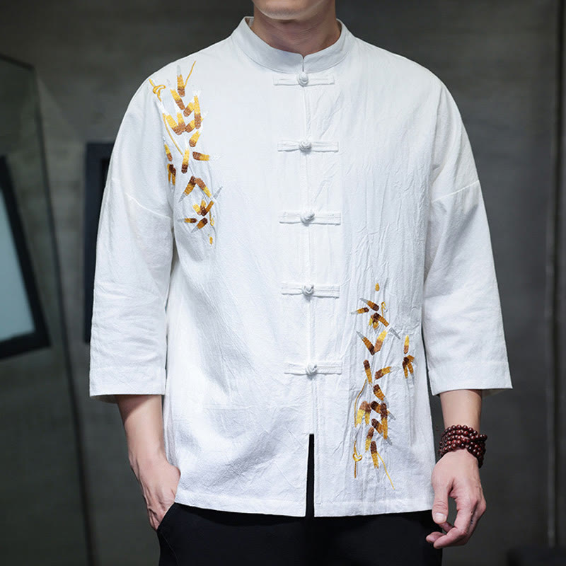 Embroidery Men's Chinese Frog-Button Three Quarter Sleeve Shirt Clothing