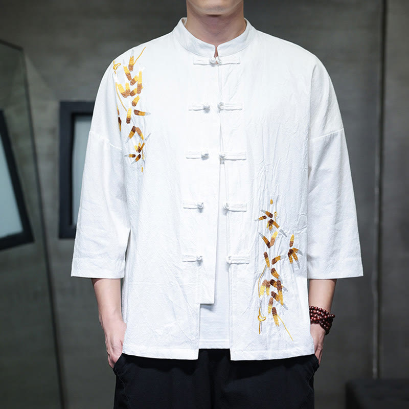 Embroidery Men's Chinese Frog-Button Three Quarter Sleeve Shirt Clothing