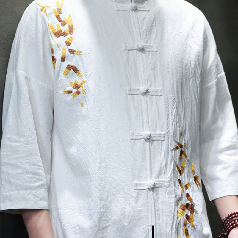 Embroidery Men's Chinese Frog-Button Three Quarter Sleeve Shirt Clothing