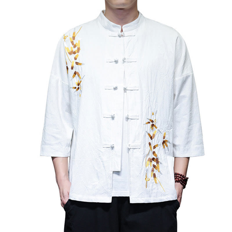 Embroidery Men's Chinese Frog-Button Three Quarter Sleeve Shirt Clothing