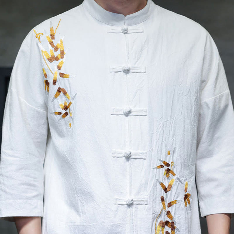 Embroidery Men's Chinese Frog-Button Three Quarter Sleeve Shirt Clothing