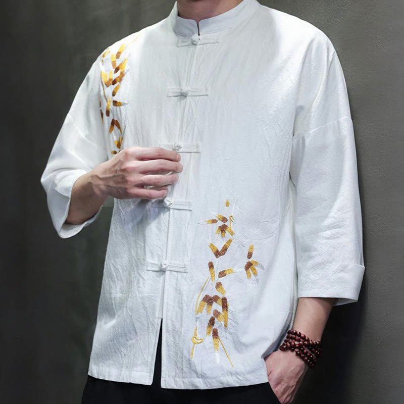 Embroidery Men's Chinese Frog-Button Three Quarter Sleeve Shirt Clothing