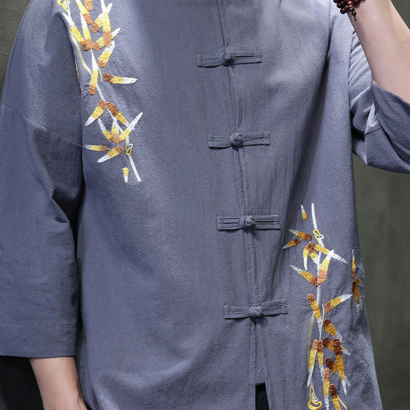 Embroidery Men's Chinese Frog-Button Three Quarter Sleeve Shirt Clothing