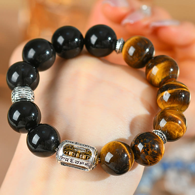 Natural Silver Sheen Obsidian & Tiger Eye Vajra Beaded Bracelet