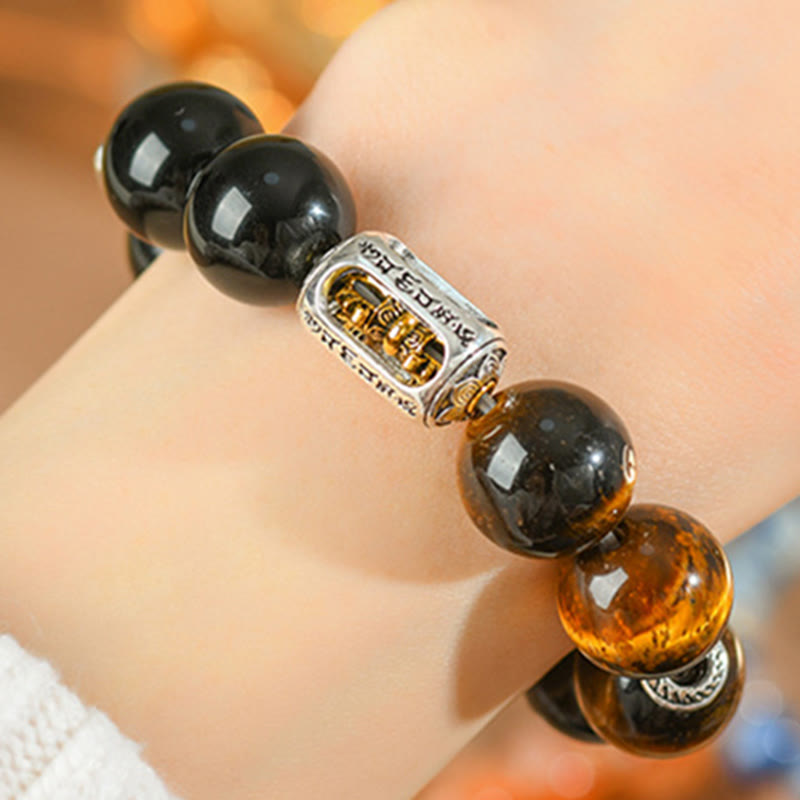 Natural Silver Sheen Obsidian & Tiger Eye Vajra Beaded Bracelet