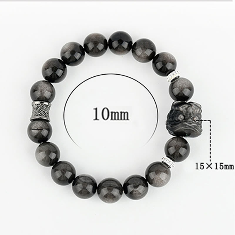 Natural Silver Sheen Obsidian Hand-Carved Guardian Lion Beaded Bracelet