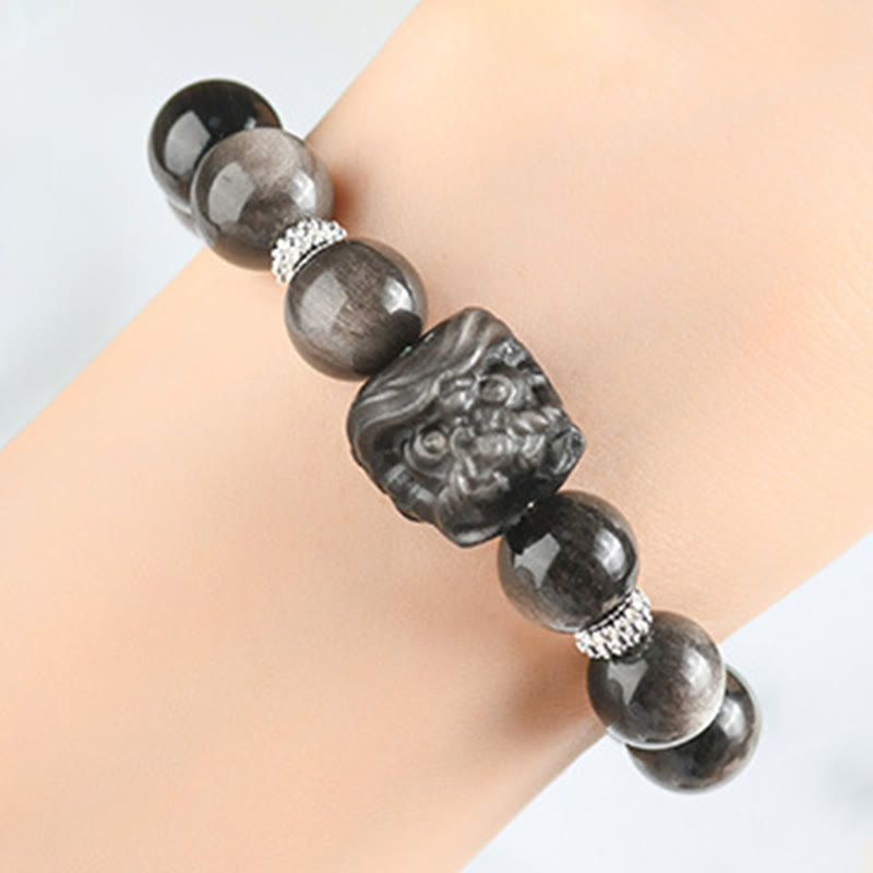 Natural Silver Sheen Obsidian Hand-Carved Guardian Lion Beaded Bracelet