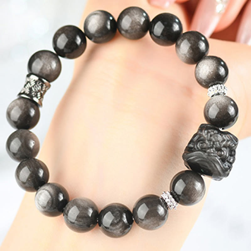 Natural Silver Sheen Obsidian Hand-Carved Guardian Lion Beaded Bracelet