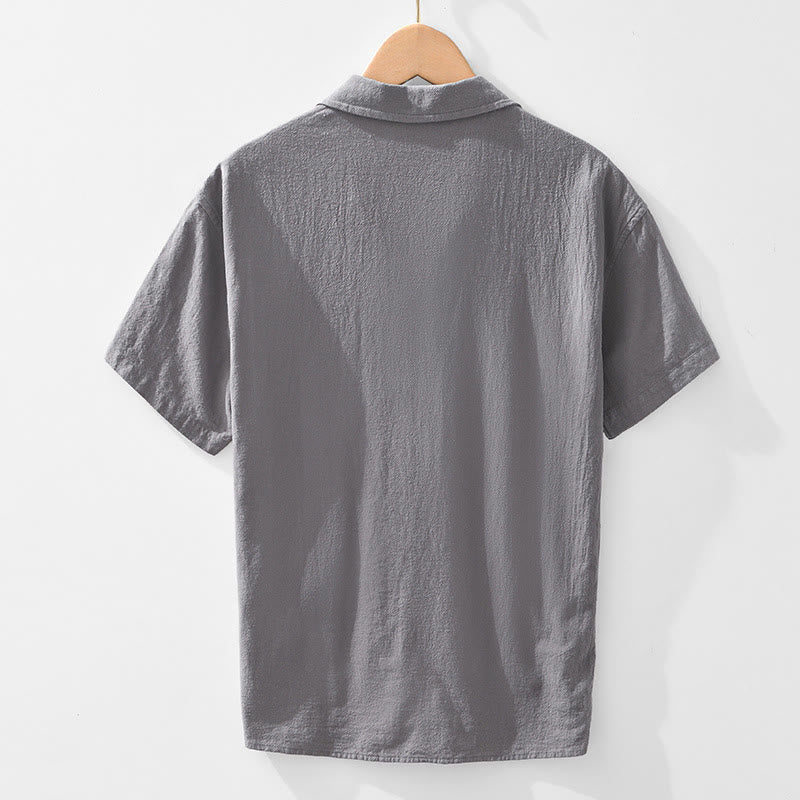 Vintage Plain Simple Design Men's Short Sleeve Cotton Linen Shirt Clothing With Pockets