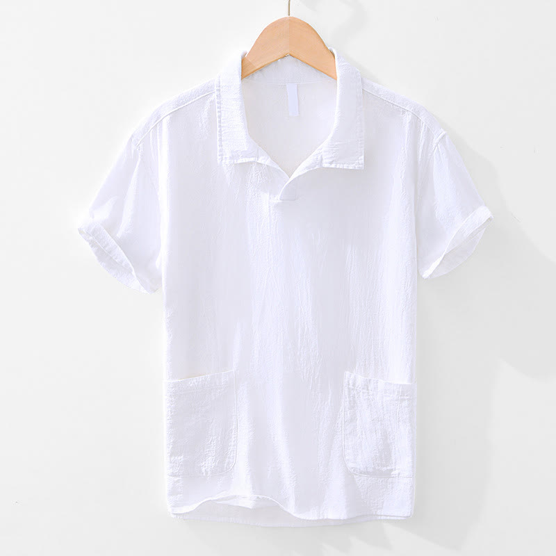 Vintage Plain Simple Design Men's Short Sleeve Cotton Linen Shirt Clothing With Pockets