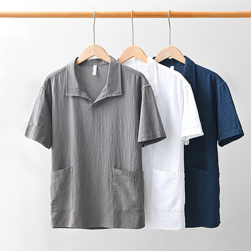 Vintage Plain Simple Design Men's Short Sleeve Cotton Linen Shirt Clothing With Pockets