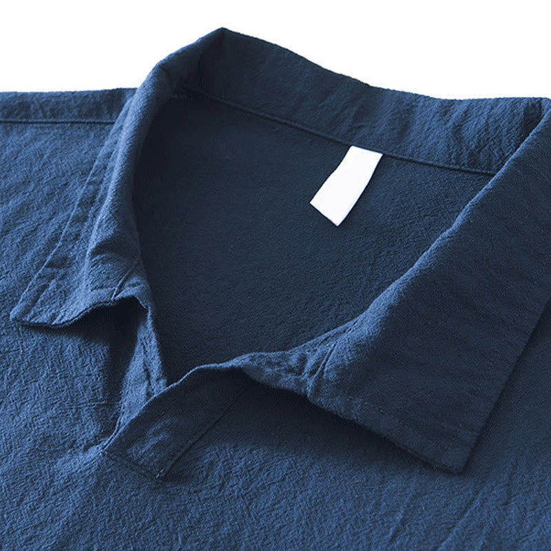 Vintage Plain Simple Design Men's Short Sleeve Cotton Linen Shirt Clothing With Pockets