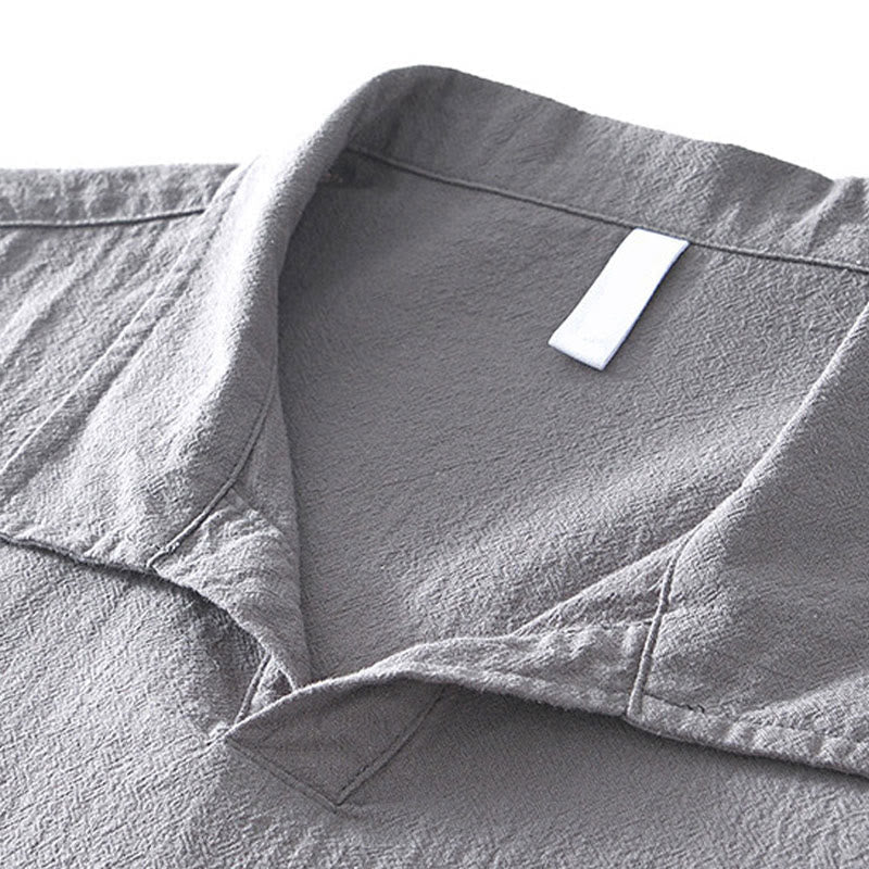 Vintage Plain Simple Design Men's Short Sleeve Cotton Linen Shirt Clothing With Pockets