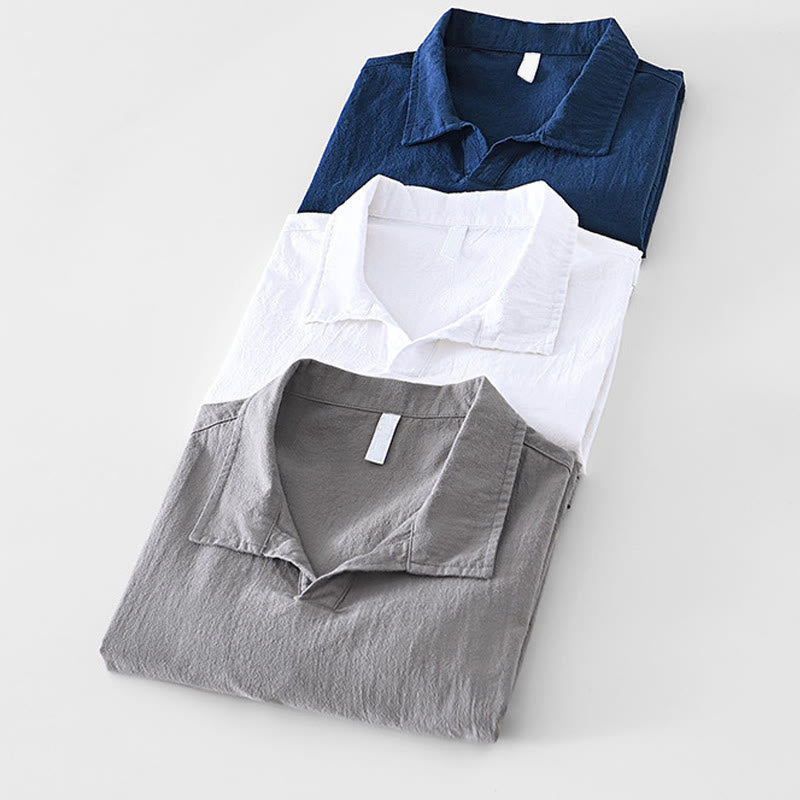 Vintage Plain Simple Design Men's Short Sleeve Cotton Linen Shirt Clothing With Pockets