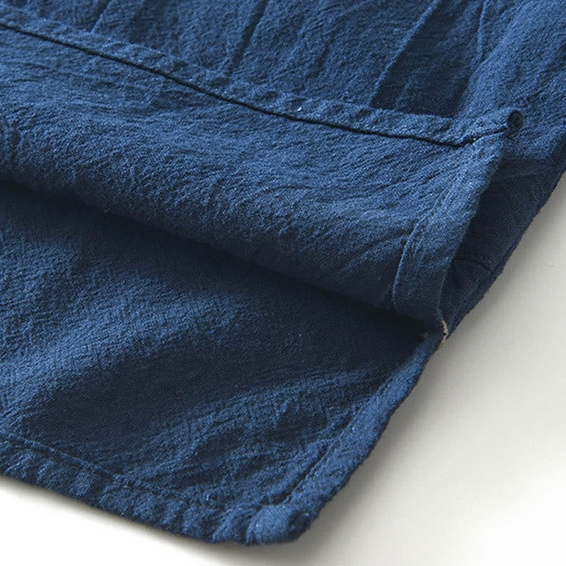 Vintage Plain Simple Design Men's Short Sleeve Cotton Linen Shirt Clothing With Pockets