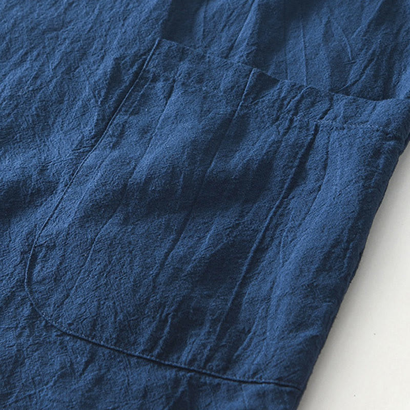 Vintage Plain Simple Design Men's Short Sleeve Cotton Linen Shirt Clothing With Pockets