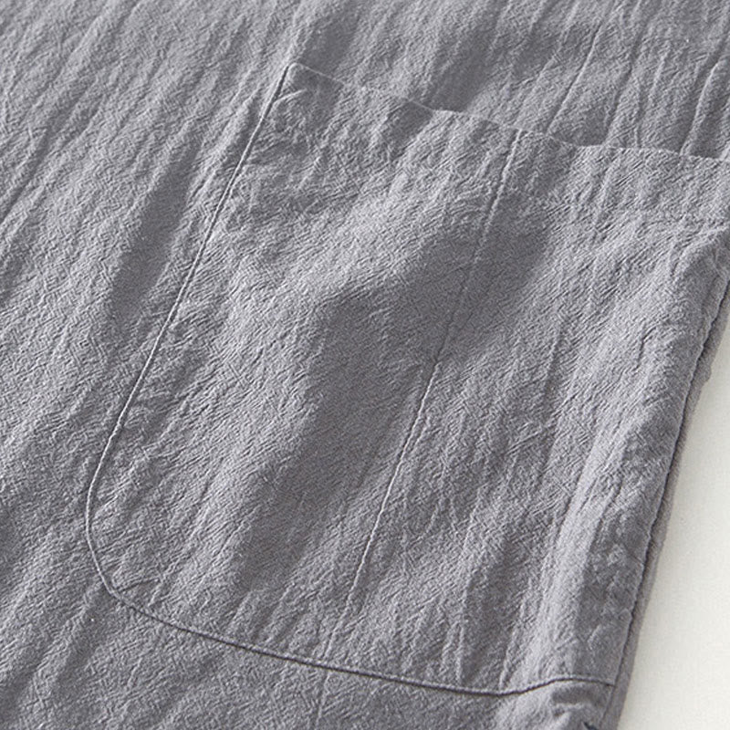 Vintage Plain Simple Design Men's Short Sleeve Cotton Linen Shirt Clothing With Pockets