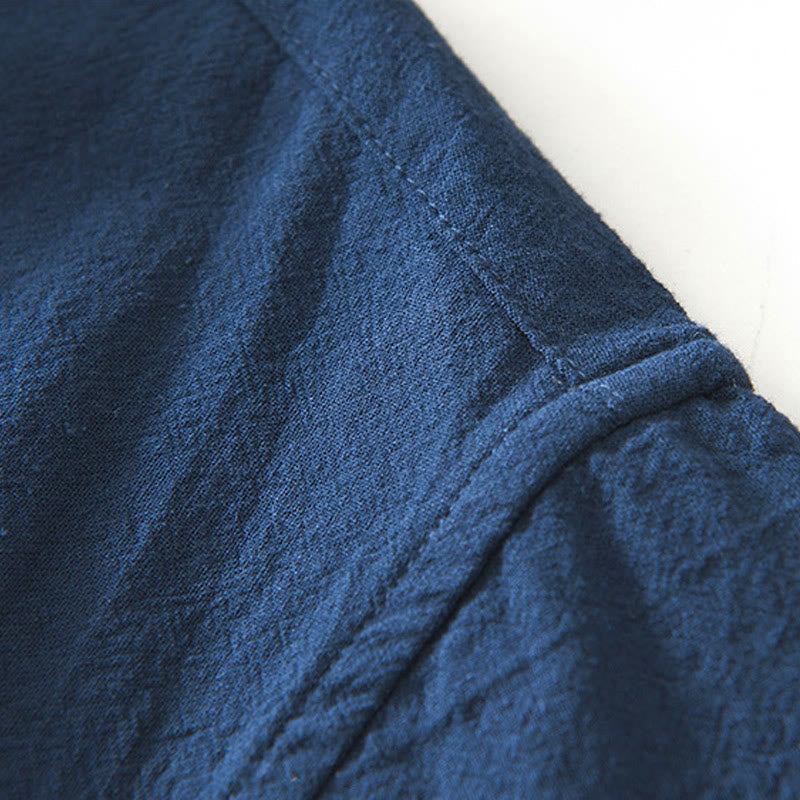 Vintage Plain Simple Design Men's Short Sleeve Cotton Linen Shirt Clothing With Pockets