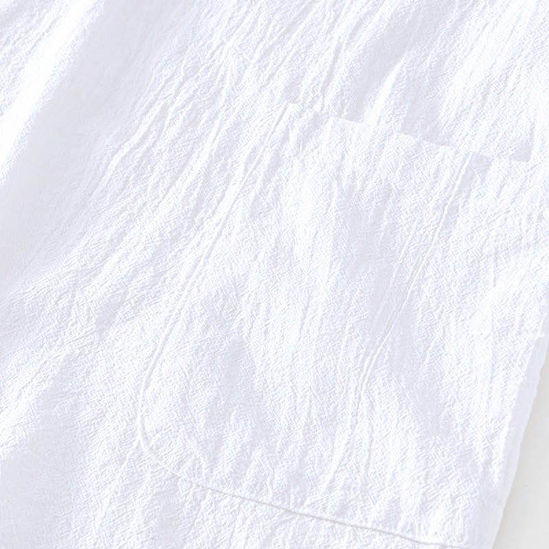 Vintage Plain Simple Design Men's Short Sleeve Cotton Linen Shirt Clothing With Pockets