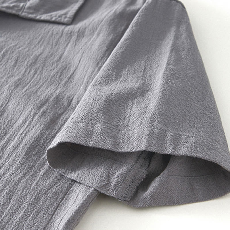 Vintage Plain Simple Design Men's Short Sleeve Cotton Linen Shirt Clothing With Pockets