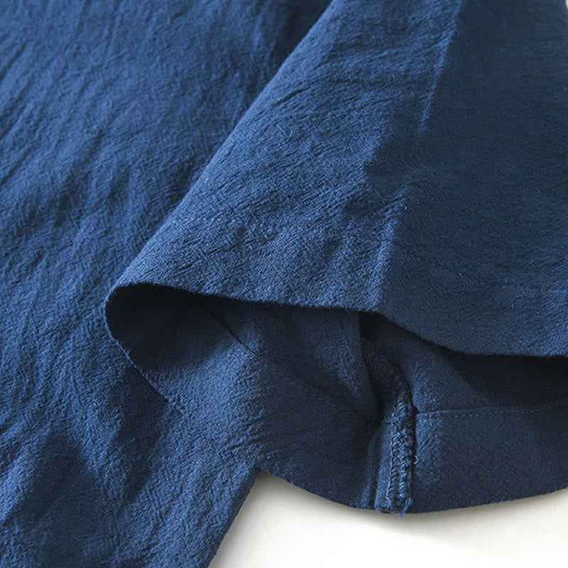 Vintage Plain Simple Design Men's Short Sleeve Cotton Linen Shirt Clothing With Pockets