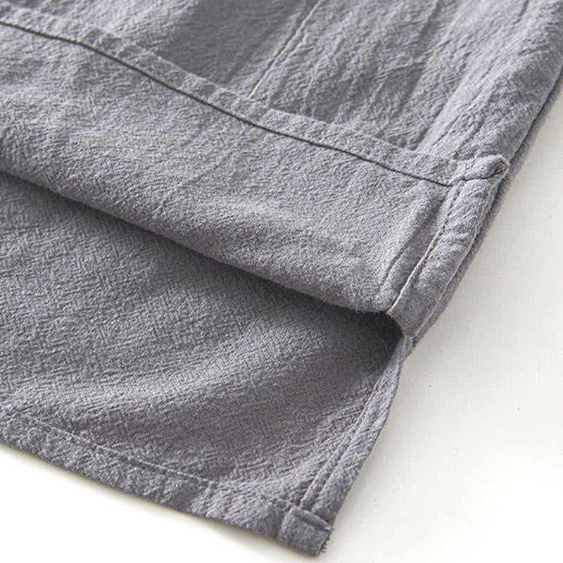 Vintage Plain Simple Design Men's Short Sleeve Cotton Linen Shirt Clothing With Pockets