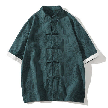 Cotton Jacquard Stand Collar Frog Button Meditation Shirt