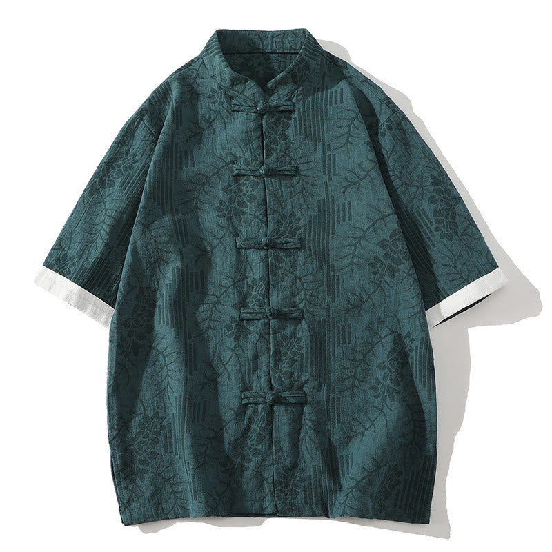 Cotton Jacquard Stand Collar Frog Button Meditation Shirt