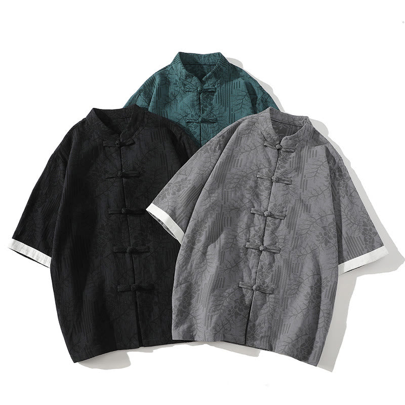 Cotton Jacquard Stand Collar Frog Button Meditation Shirt