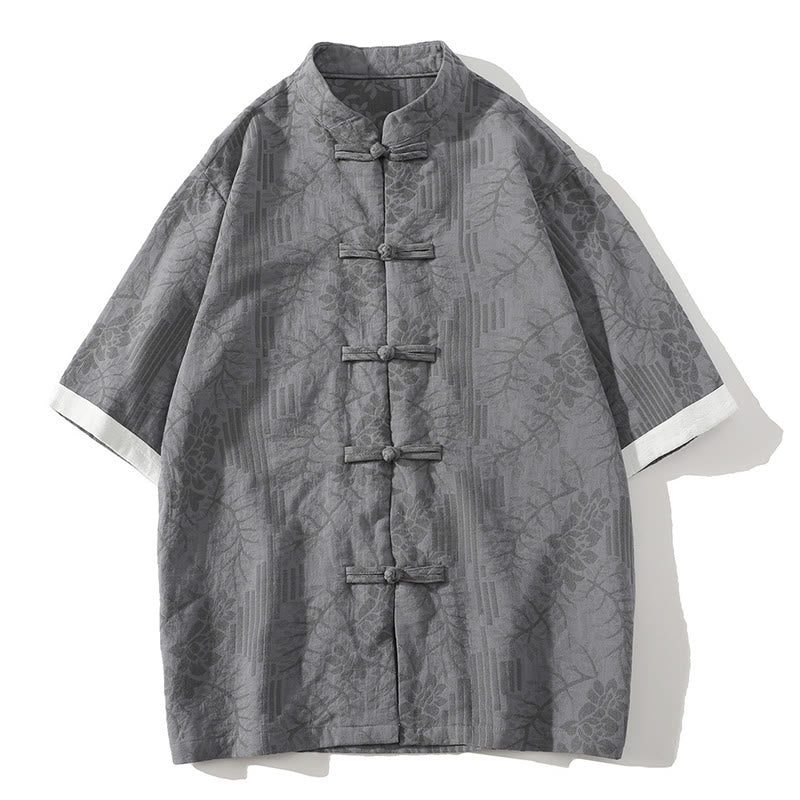 Cotton Jacquard Stand Collar Frog Button Meditation Shirt