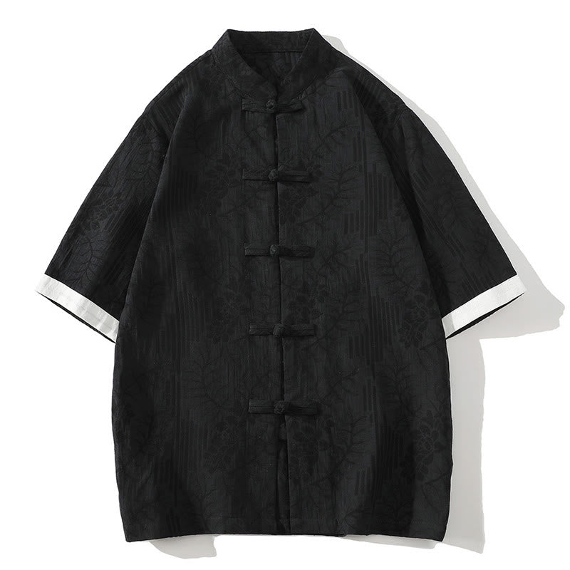 Cotton Jacquard Stand Collar Frog Button Meditation Shirt