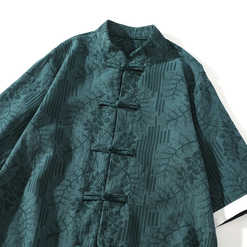 Cotton Jacquard Stand Collar Frog Button Meditation Shirt