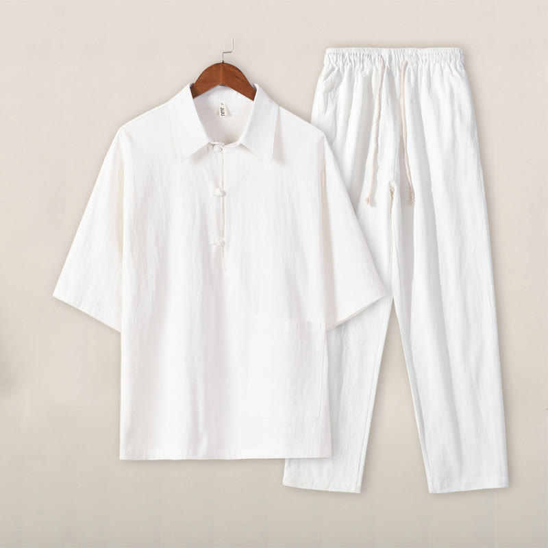Casual 2Pcs Pure Color Half Button Design Shirt Drawstring Pants Men's Cotton Linen Meditation Cloth Set With Pockets