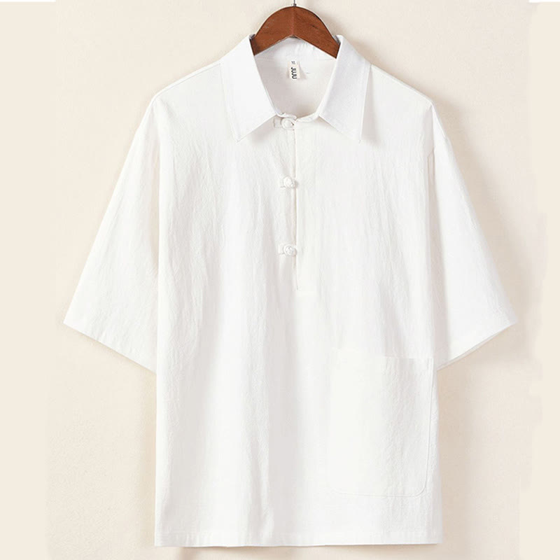 Casual 2Pcs Pure Color Half Button Design Shirt Drawstring Pants Men's Cotton Linen Meditation Cloth Set With Pockets