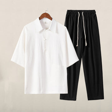 Casual 2Pcs Pure Color Half Button Design Shirt Drawstring Pants Men's Cotton Linen Meditation Cloth Set With Pockets