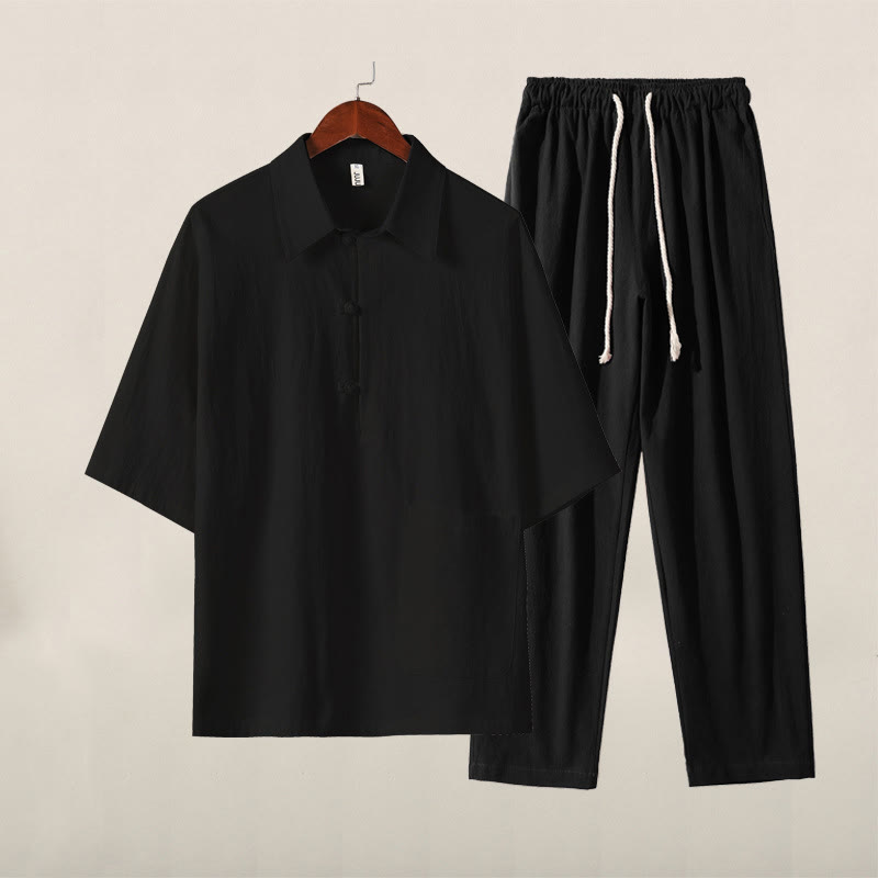 Casual 2Pcs Pure Color Half Button Design Shirt Drawstring Pants Men's Cotton Linen Meditation Cloth Set With Pockets