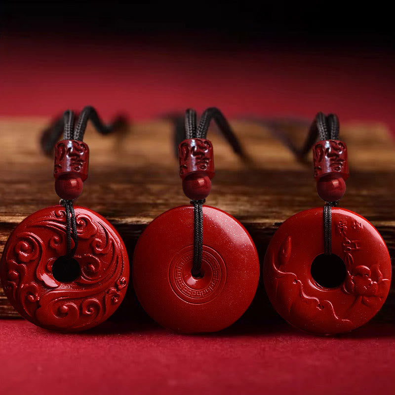 Natural Cinnabar Lotus Peace Buckle Blessing Necklace String Pendant